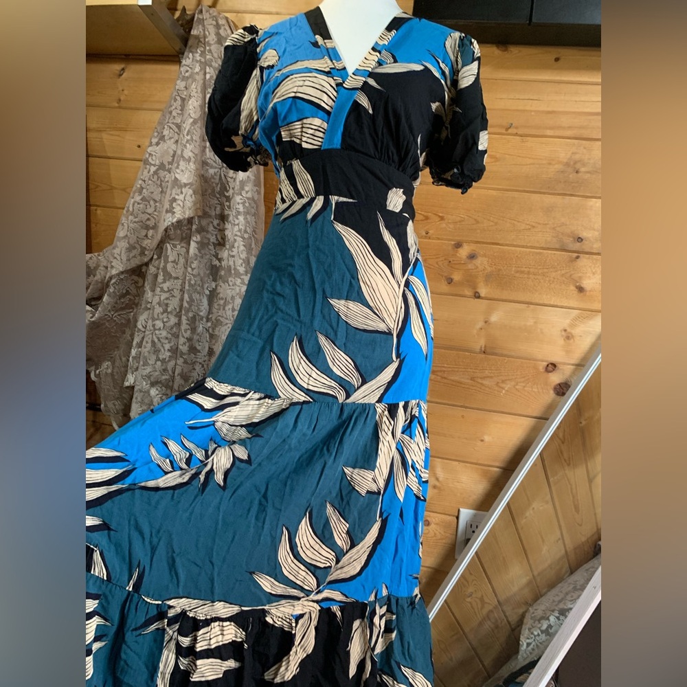 Linen Tropical Tiered Maxi Dress Prairie Romantic Vacation Resort Luxe Size 10 - Picture 4 of 15